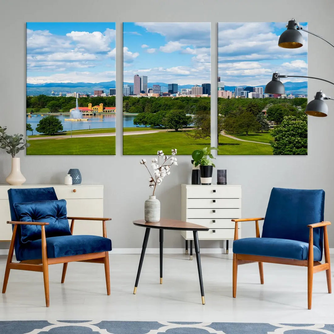 The dining room features a Denver City Park at Spring Cloudy Skyline Cityscape View Wall Art Canvas Print, depicting an urban park and skyline beneath a blue, cloudy sky. This gallery-wrapped piece is crafted on museum-quality polycotton and includes a UV-protective coating for lasting durability.