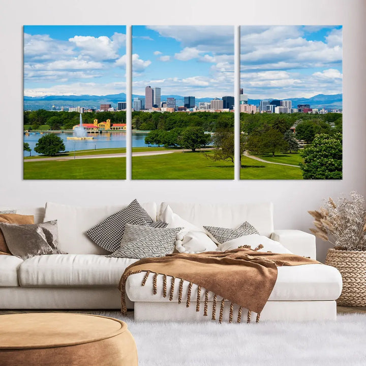 The dining room features a Denver City Park at Spring Cloudy Skyline Cityscape View Wall Art Canvas Print, depicting an urban park and skyline beneath a blue, cloudy sky. This gallery-wrapped piece is crafted on museum-quality polycotton and includes a UV-protective coating for lasting durability.