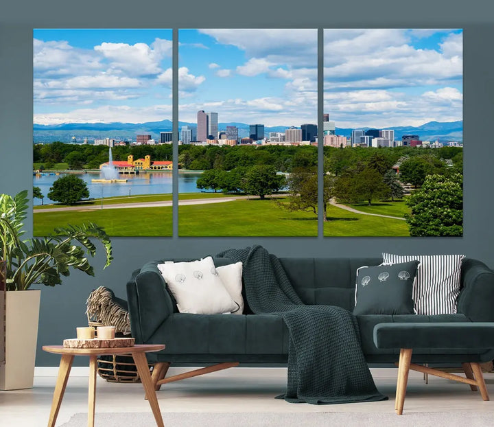 Denver City Park at Spring Cloudy Skyline Cityscape View Wall Art Canvas Print 