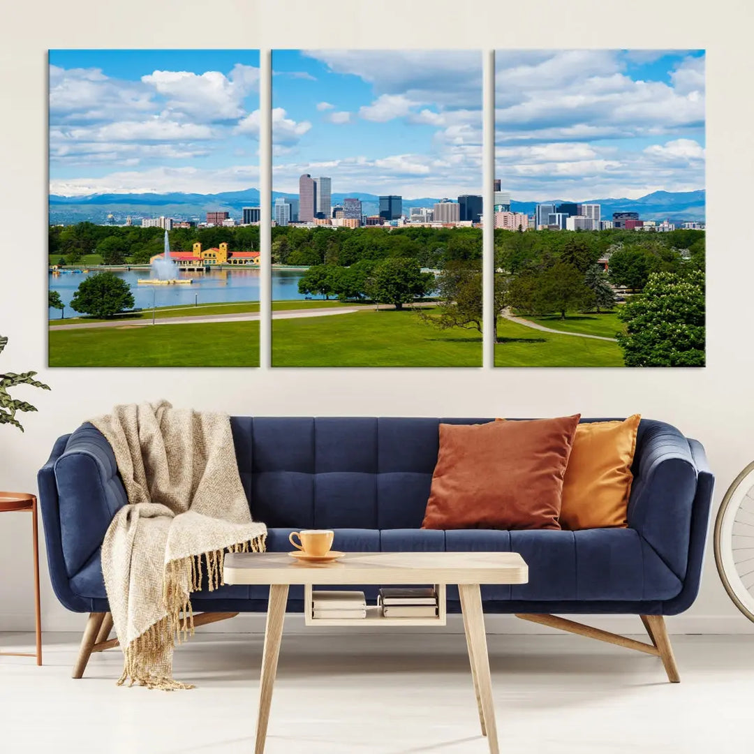 Denver City Park at Spring Cloudy Skyline Cityscape View Wall Art Canvas Print 