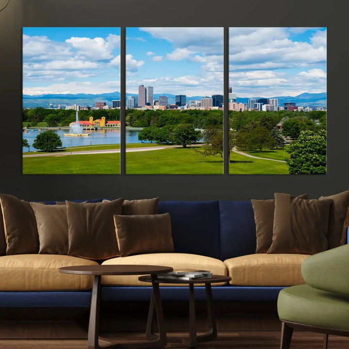 Denver City Park at Spring Cloudy Skyline Cityscape View Wall Art Canvas Print 