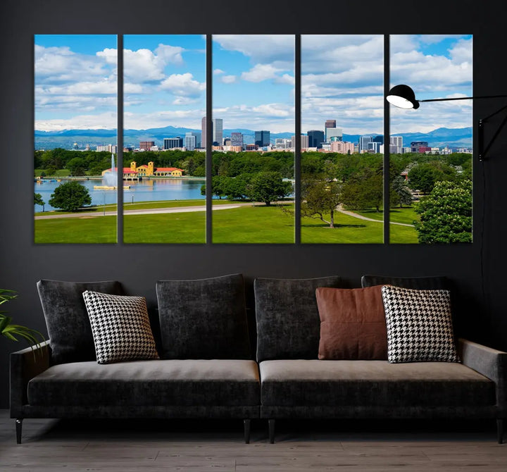 Denver City Park at Spring Cloudy Skyline Cityscape View Wall Art Canvas Print 