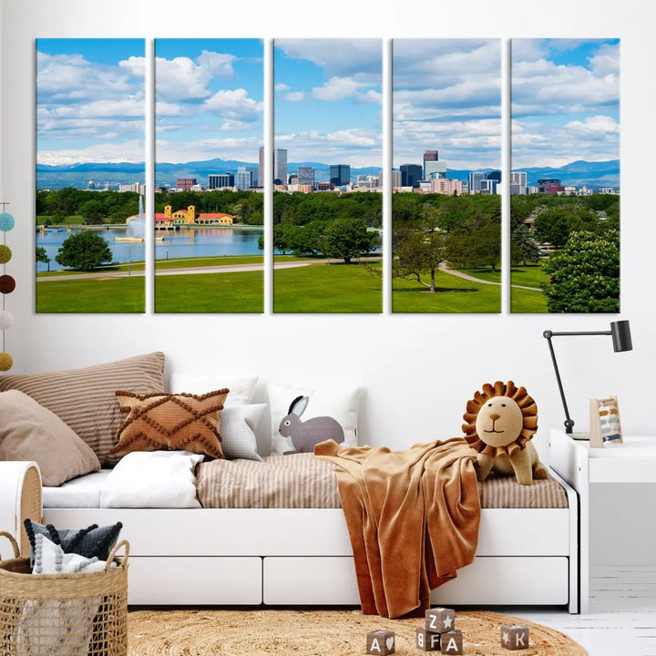 The dining room features a Denver City Park at Spring Cloudy Skyline Cityscape View Wall Art Canvas Print, depicting an urban park and skyline beneath a blue, cloudy sky. This gallery-wrapped piece is crafted on museum-quality polycotton and includes a UV-protective coating for lasting durability.