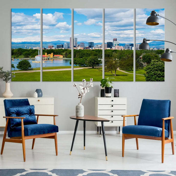 The dining room features a Denver City Park at Spring Cloudy Skyline Cityscape View Wall Art Canvas Print, depicting an urban park and skyline beneath a blue, cloudy sky. This gallery-wrapped piece is crafted on museum-quality polycotton and includes a UV-protective coating for lasting durability.