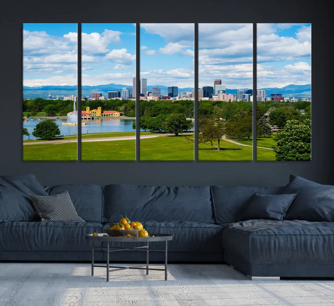 The dining room features a Denver City Park at Spring Cloudy Skyline Cityscape View Wall Art Canvas Print, depicting an urban park and skyline beneath a blue, cloudy sky. This gallery-wrapped piece is crafted on museum-quality polycotton and includes a UV-protective coating for lasting durability.