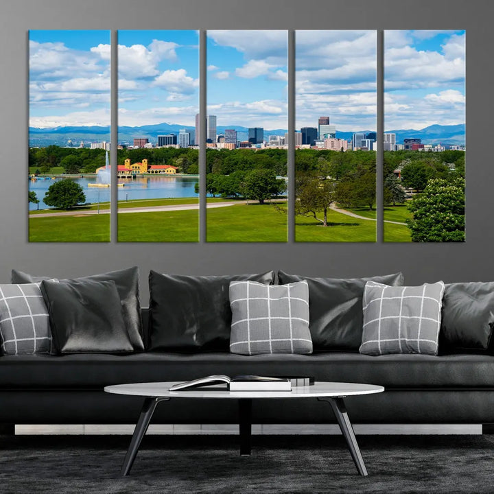 The dining room features a Denver City Park at Spring Cloudy Skyline Cityscape View Wall Art Canvas Print, depicting an urban park and skyline beneath a blue, cloudy sky. This gallery-wrapped piece is crafted on museum-quality polycotton and includes a UV-protective coating for lasting durability.