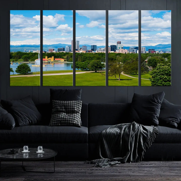 The dining room features a Denver City Park at Spring Cloudy Skyline Cityscape View Wall Art Canvas Print, depicting an urban park and skyline beneath a blue, cloudy sky. This gallery-wrapped piece is crafted on museum-quality polycotton and includes a UV-protective coating for lasting durability.