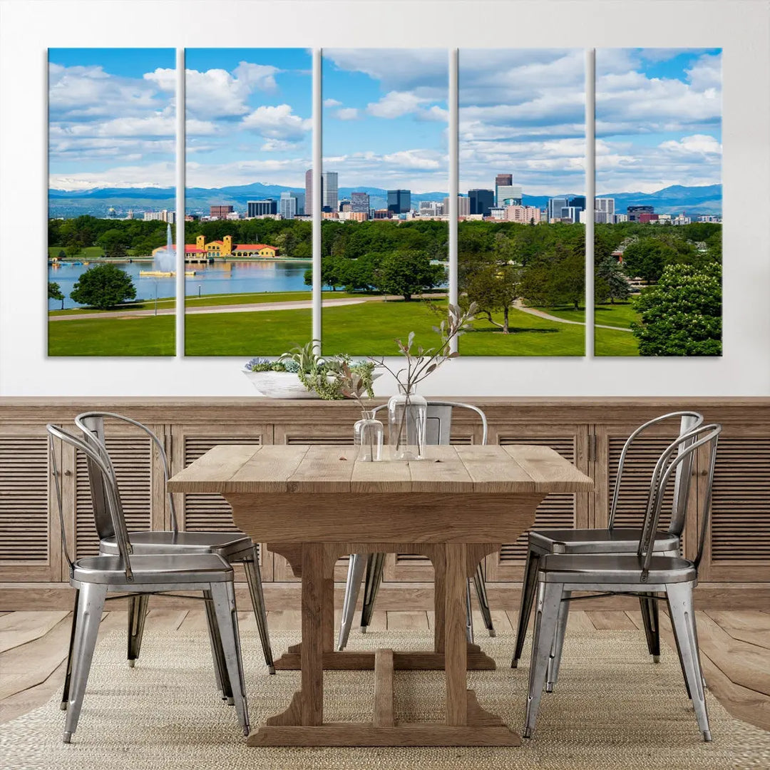 The dining room features a Denver City Park at Spring Cloudy Skyline Cityscape View Wall Art Canvas Print, depicting an urban park and skyline beneath a blue, cloudy sky. This gallery-wrapped piece is crafted on museum-quality polycotton and includes a UV-protective coating for lasting durability.