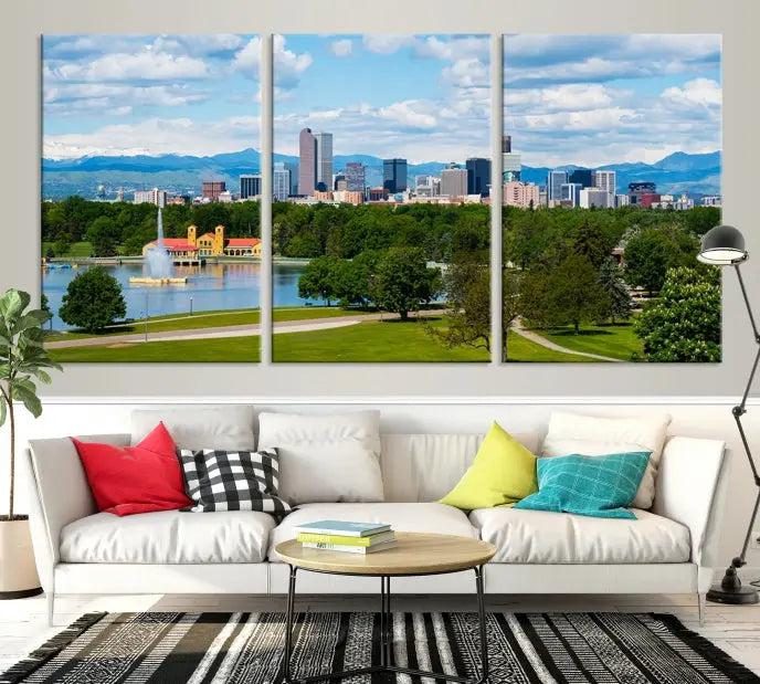 In the cozy living room, a museum-quality canvas print titled "Denver City Park in Spring Cloudy Skyline Cityscape View" showcases a triptych of the city's skyline with mountains as seen from a park. This stunning piece is gallery-wrapped with edges enhanced by UV-protective coating for lasting vibrancy.