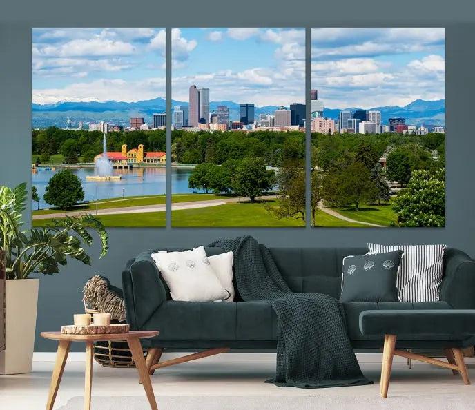 In the cozy living room, a museum-quality canvas print titled "Denver City Park in Spring Cloudy Skyline Cityscape View" showcases a triptych of the city's skyline with mountains as seen from a park. This stunning piece is gallery-wrapped with edges enhanced by UV-protective coating for lasting vibrancy.