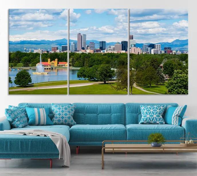 In the cozy living room, a museum-quality canvas print titled "Denver City Park in Spring Cloudy Skyline Cityscape View" showcases a triptych of the city's skyline with mountains as seen from a park. This stunning piece is gallery-wrapped with edges enhanced by UV-protective coating for lasting vibrancy.