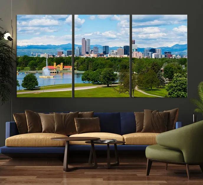 In the cozy living room, a museum-quality canvas print titled "Denver City Park in Spring Cloudy Skyline Cityscape View" showcases a triptych of the city's skyline with mountains as seen from a park. This stunning piece is gallery-wrapped with edges enhanced by UV-protective coating for lasting vibrancy.