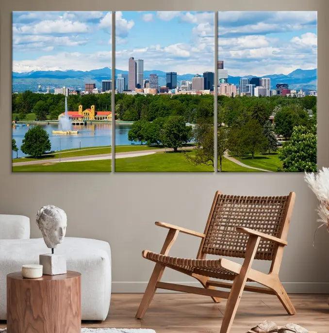 In the cozy living room, a museum-quality canvas print titled "Denver City Park in Spring Cloudy Skyline Cityscape View" showcases a triptych of the city's skyline with mountains as seen from a park. This stunning piece is gallery-wrapped with edges enhanced by UV-protective coating for lasting vibrancy.