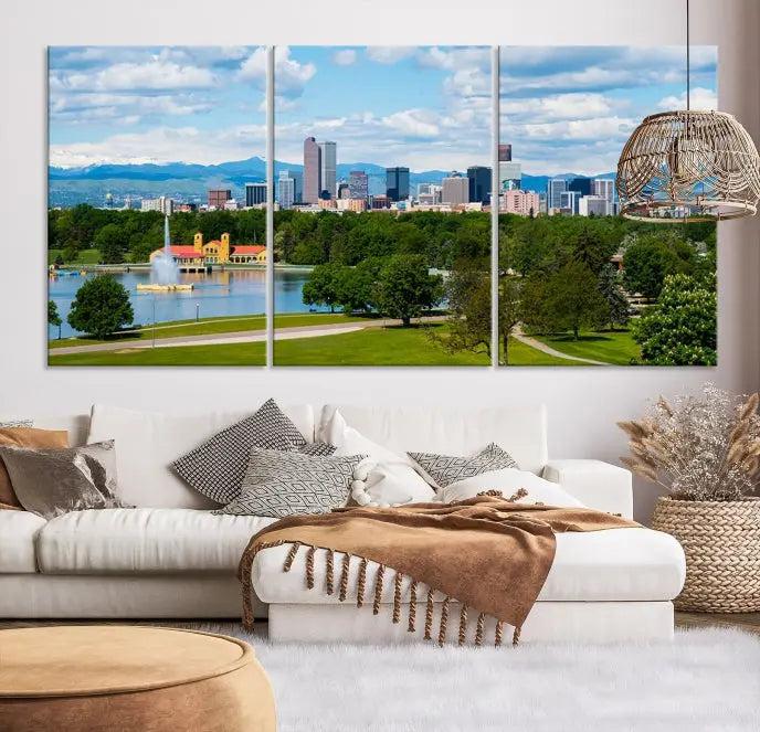 In the cozy living room, a museum-quality canvas print titled "Denver City Park in Spring Cloudy Skyline Cityscape View" showcases a triptych of the city's skyline with mountains as seen from a park. This stunning piece is gallery-wrapped with edges enhanced by UV-protective coating for lasting vibrancy.