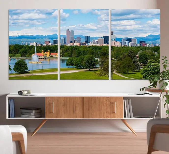 In the cozy living room, a museum-quality canvas print titled "Denver City Park in Spring Cloudy Skyline Cityscape View" showcases a triptych of the city's skyline with mountains as seen from a park. This stunning piece is gallery-wrapped with edges enhanced by UV-protective coating for lasting vibrancy.