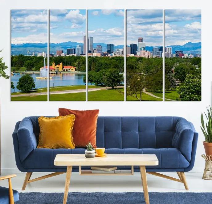 In the cozy living room, a museum-quality canvas print titled "Denver City Park in Spring Cloudy Skyline Cityscape View" showcases a triptych of the city's skyline with mountains as seen from a park. This stunning piece is gallery-wrapped with edges enhanced by UV-protective coating for lasting vibrancy.