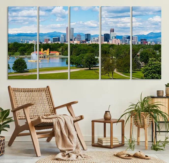 In the cozy living room, a museum-quality canvas print titled "Denver City Park in Spring Cloudy Skyline Cityscape View" showcases a triptych of the city's skyline with mountains as seen from a park. This stunning piece is gallery-wrapped with edges enhanced by UV-protective coating for lasting vibrancy.