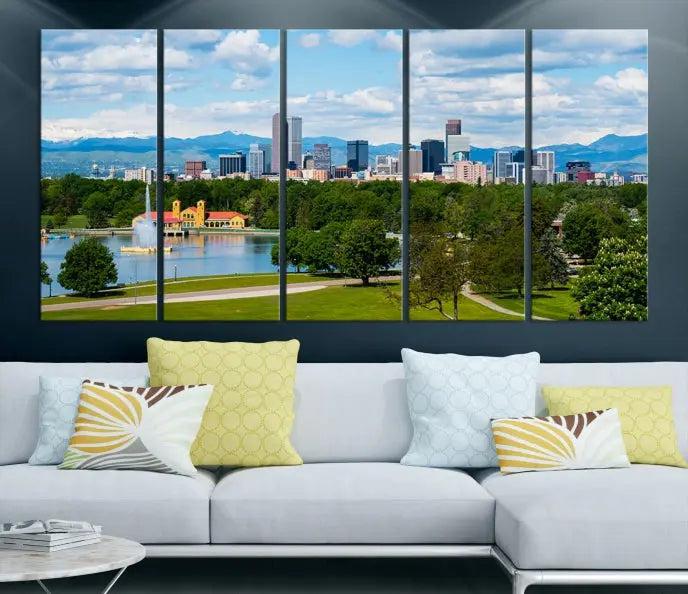 In the cozy living room, a museum-quality canvas print titled "Denver City Park in Spring Cloudy Skyline Cityscape View" showcases a triptych of the city's skyline with mountains as seen from a park. This stunning piece is gallery-wrapped with edges enhanced by UV-protective coating for lasting vibrancy.