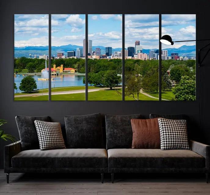 In the cozy living room, a museum-quality canvas print titled "Denver City Park in Spring Cloudy Skyline Cityscape View" showcases a triptych of the city's skyline with mountains as seen from a park. This stunning piece is gallery-wrapped with edges enhanced by UV-protective coating for lasting vibrancy.