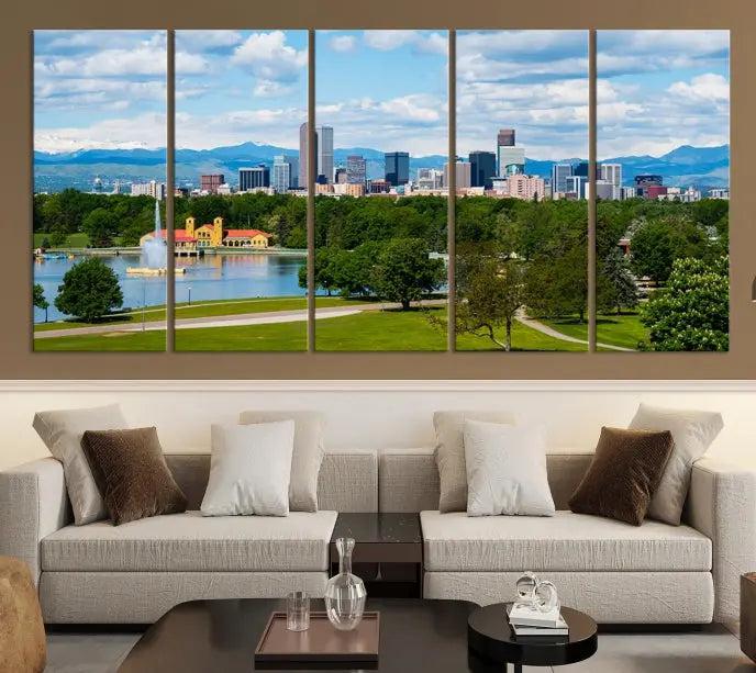 In the cozy living room, a museum-quality canvas print titled "Denver City Park in Spring Cloudy Skyline Cityscape View" showcases a triptych of the city's skyline with mountains as seen from a park. This stunning piece is gallery-wrapped with edges enhanced by UV-protective coating for lasting vibrancy.