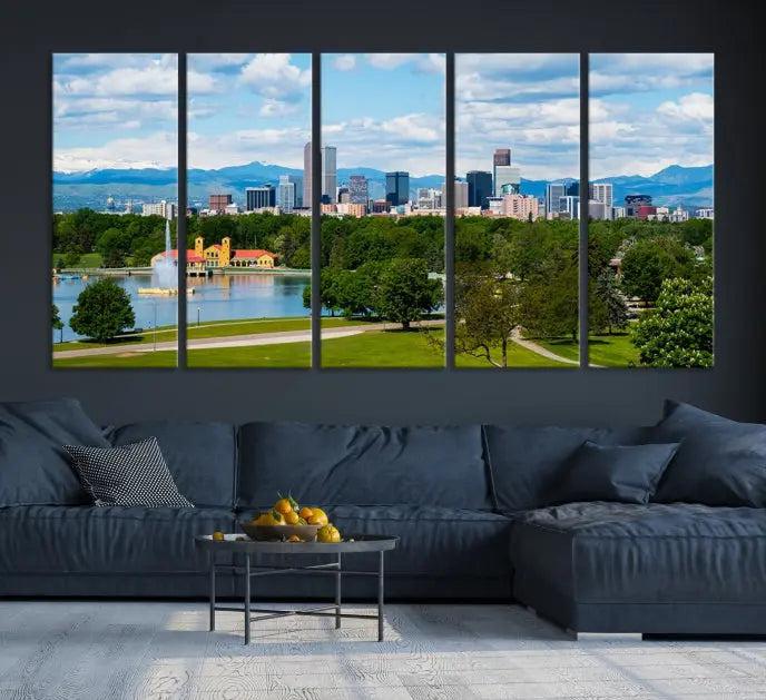 In the cozy living room, a museum-quality canvas print titled "Denver City Park in Spring Cloudy Skyline Cityscape View" showcases a triptych of the city's skyline with mountains as seen from a park. This stunning piece is gallery-wrapped with edges enhanced by UV-protective coating for lasting vibrancy.