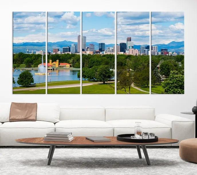 In the cozy living room, a museum-quality canvas print titled "Denver City Park in Spring Cloudy Skyline Cityscape View" showcases a triptych of the city's skyline with mountains as seen from a park. This stunning piece is gallery-wrapped with edges enhanced by UV-protective coating for lasting vibrancy.