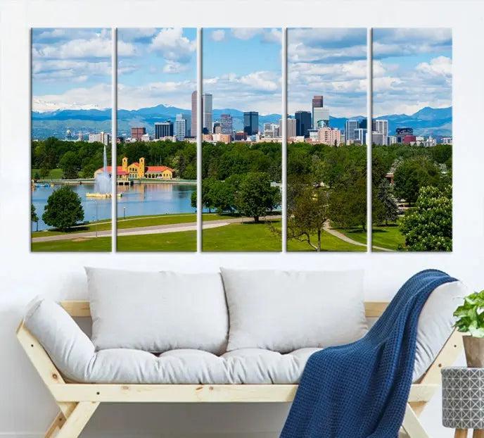 In the cozy living room, a museum-quality canvas print titled "Denver City Park in Spring Cloudy Skyline Cityscape View" showcases a triptych of the city's skyline with mountains as seen from a park. This stunning piece is gallery-wrapped with edges enhanced by UV-protective coating for lasting vibrancy.