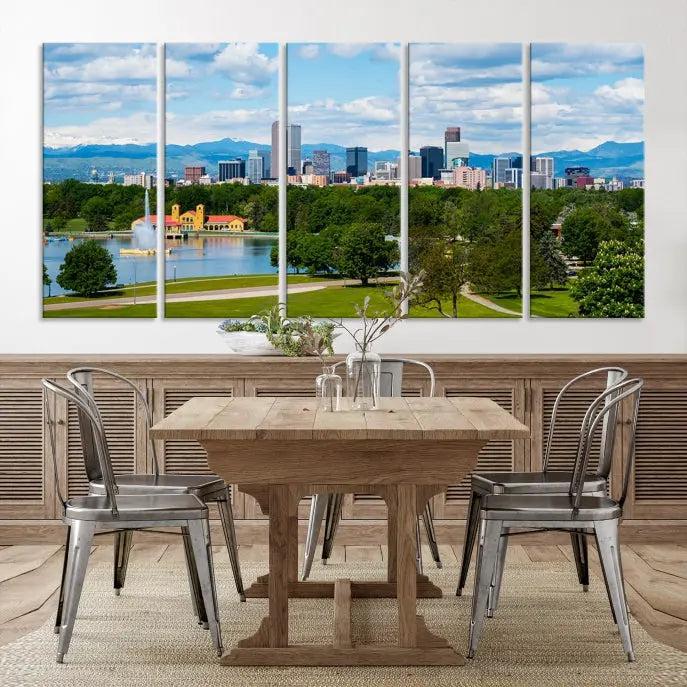 In the cozy living room, a museum-quality canvas print titled "Denver City Park in Spring Cloudy Skyline Cityscape View" showcases a triptych of the city's skyline with mountains as seen from a park. This stunning piece is gallery-wrapped with edges enhanced by UV-protective coating for lasting vibrancy.