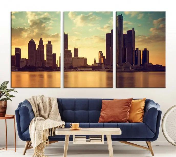 The Denver City Sunset Cloudy Skyline Cityscape View Wall Art Canvas Print, crafted on museum-quality canvases with a UV-protective coating, decorates the wall.