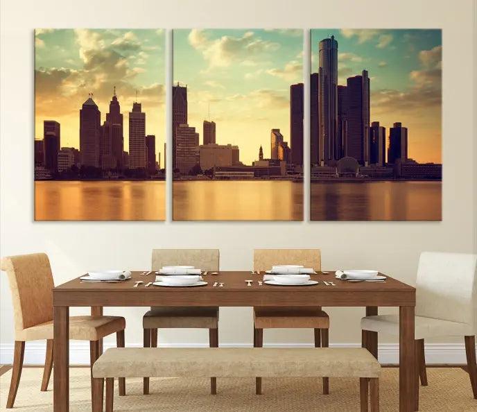 The Denver City Sunset Cloudy Skyline Cityscape View Wall Art Canvas Print, crafted on museum-quality canvases with a UV-protective coating, decorates the wall.