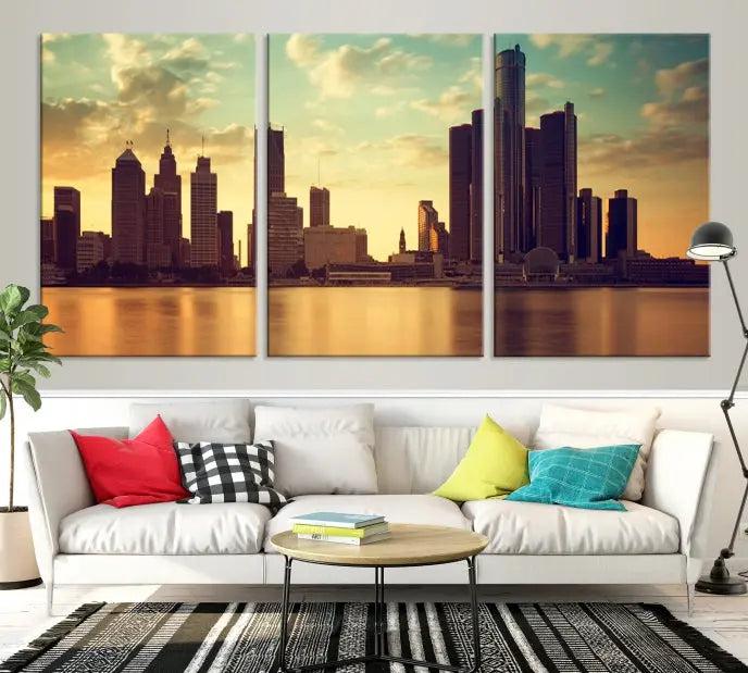 The Denver City Sunset Cloudy Skyline Cityscape View Wall Art Canvas Print, crafted on museum-quality canvases with a UV-protective coating, decorates the wall.