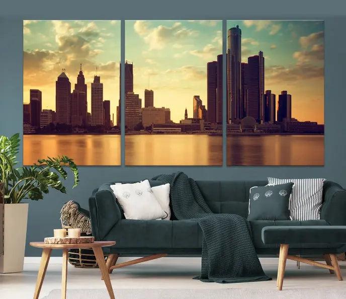 The Denver City Sunset Cloudy Skyline Cityscape View Wall Art Canvas Print, crafted on museum-quality canvases with a UV-protective coating, decorates the wall.