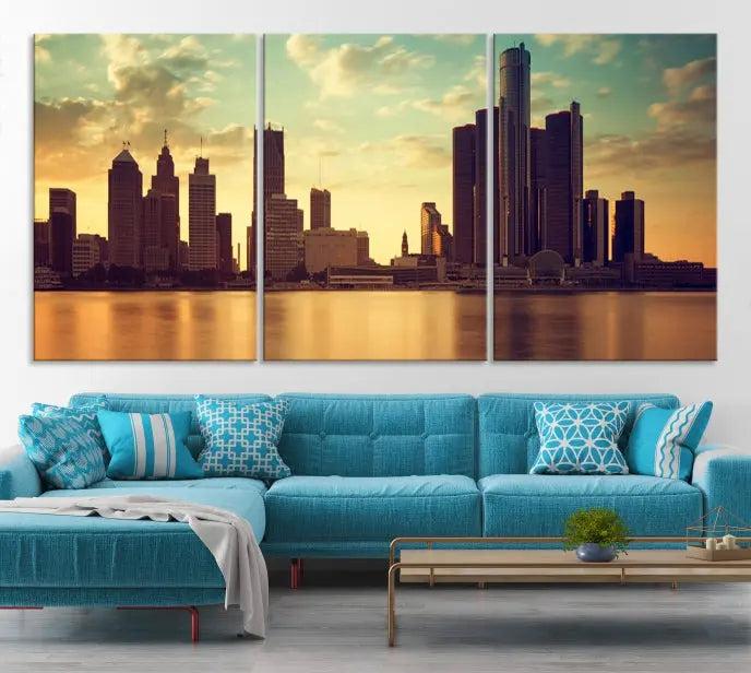 The Denver City Sunset Cloudy Skyline Cityscape View Wall Art Canvas Print, crafted on museum-quality canvases with a UV-protective coating, decorates the wall.