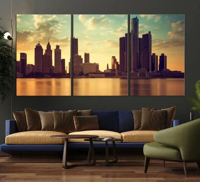 The Denver City Sunset Cloudy Skyline Cityscape View Wall Art Canvas Print, crafted on museum-quality canvases with a UV-protective coating, decorates the wall.