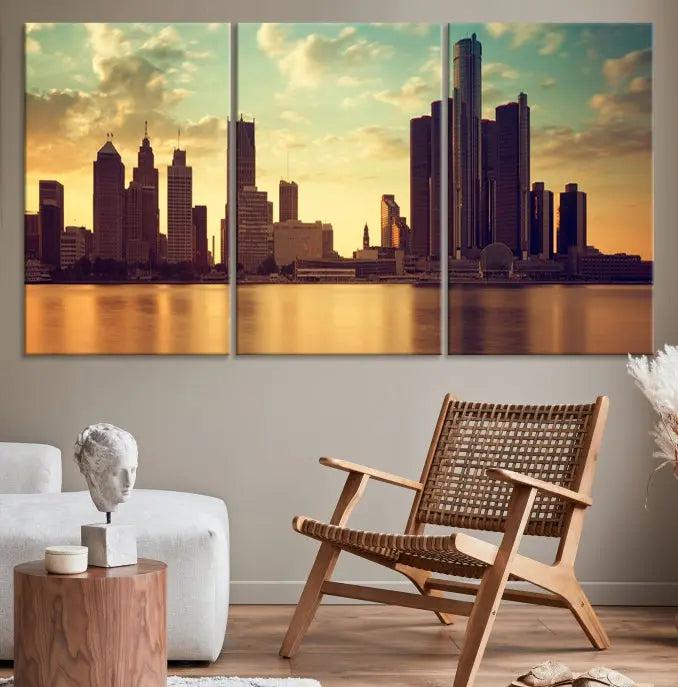 The Denver City Sunset Cloudy Skyline Cityscape View Wall Art Canvas Print, crafted on museum-quality canvases with a UV-protective coating, decorates the wall.