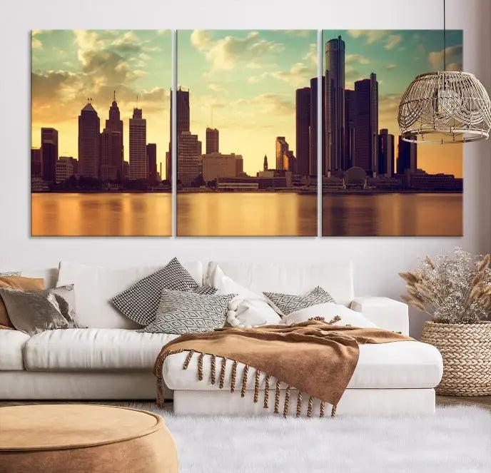 The Denver City Sunset Cloudy Skyline Cityscape View Wall Art Canvas Print, crafted on museum-quality canvases with a UV-protective coating, decorates the wall.