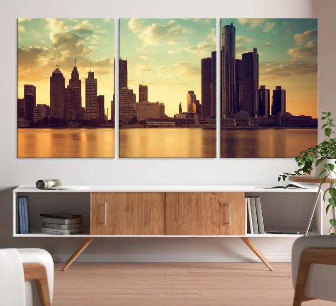 The Denver City Sunset Cloudy Skyline Cityscape View Wall Art Canvas Print, crafted on museum-quality canvases with a UV-protective coating, decorates the wall.