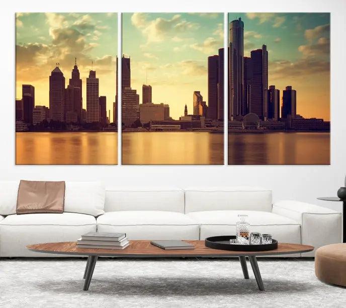 The Denver City Sunset Cloudy Skyline Cityscape View Wall Art Canvas Print, crafted on museum-quality canvases with a UV-protective coating, decorates the wall.