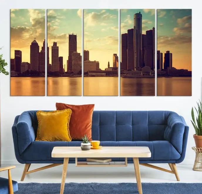 The Denver City Sunset Cloudy Skyline Cityscape View Wall Art Canvas Print, crafted on museum-quality canvases with a UV-protective coating, decorates the wall.