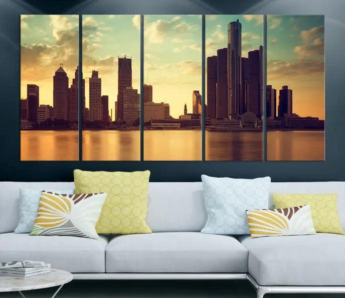 The Denver City Sunset Cloudy Skyline Cityscape View Wall Art Canvas Print, crafted on museum-quality canvases with a UV-protective coating, decorates the wall.