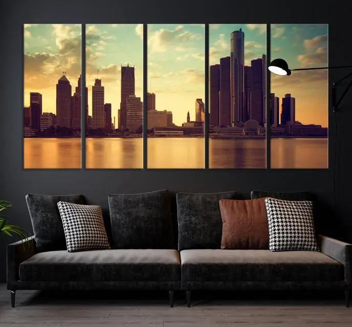 The Denver City Sunset Cloudy Skyline Cityscape View Wall Art Canvas Print, crafted on museum-quality canvases with a UV-protective coating, decorates the wall.