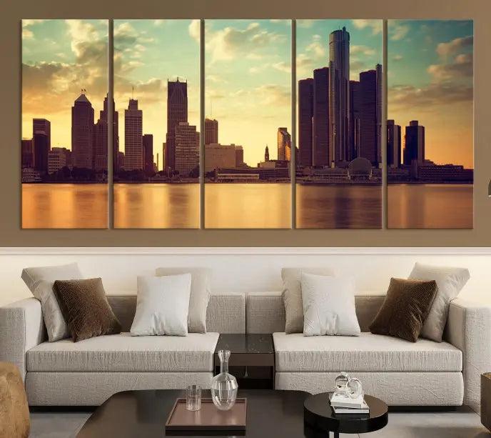 The Denver City Sunset Cloudy Skyline Cityscape View Wall Art Canvas Print, crafted on museum-quality canvases with a UV-protective coating, decorates the wall.