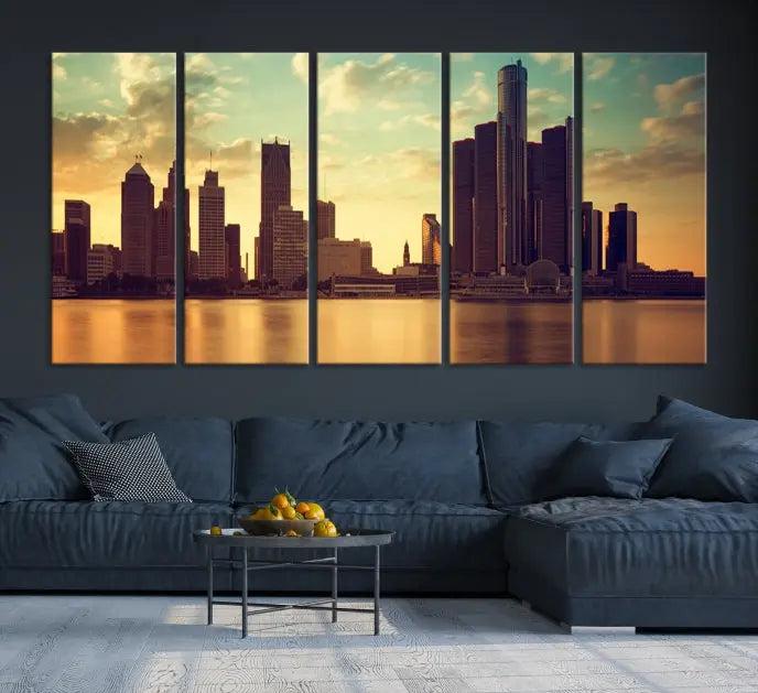 The Denver City Sunset Cloudy Skyline Cityscape View Wall Art Canvas Print, crafted on museum-quality canvases with a UV-protective coating, decorates the wall.