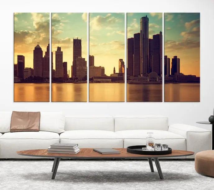 The Denver City Sunset Cloudy Skyline Cityscape View Wall Art Canvas Print, crafted on museum-quality canvases with a UV-protective coating, decorates the wall.