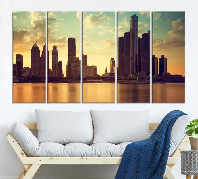 The Denver City Sunset Cloudy Skyline Cityscape View Wall Art Canvas Print, crafted on museum-quality canvases with a UV-protective coating, decorates the wall.