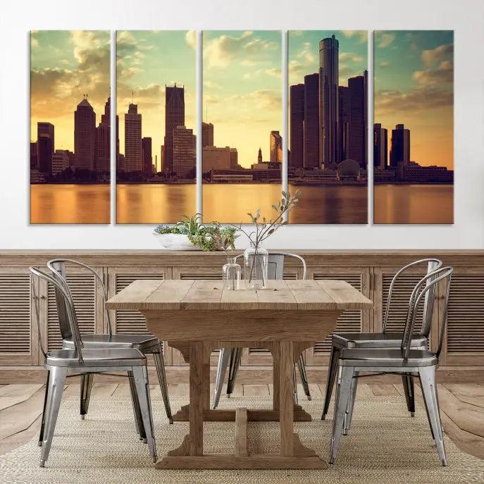 The Denver City Sunset Cloudy Skyline Cityscape View Wall Art Canvas Print, crafted on museum-quality canvases with a UV-protective coating, decorates the wall.