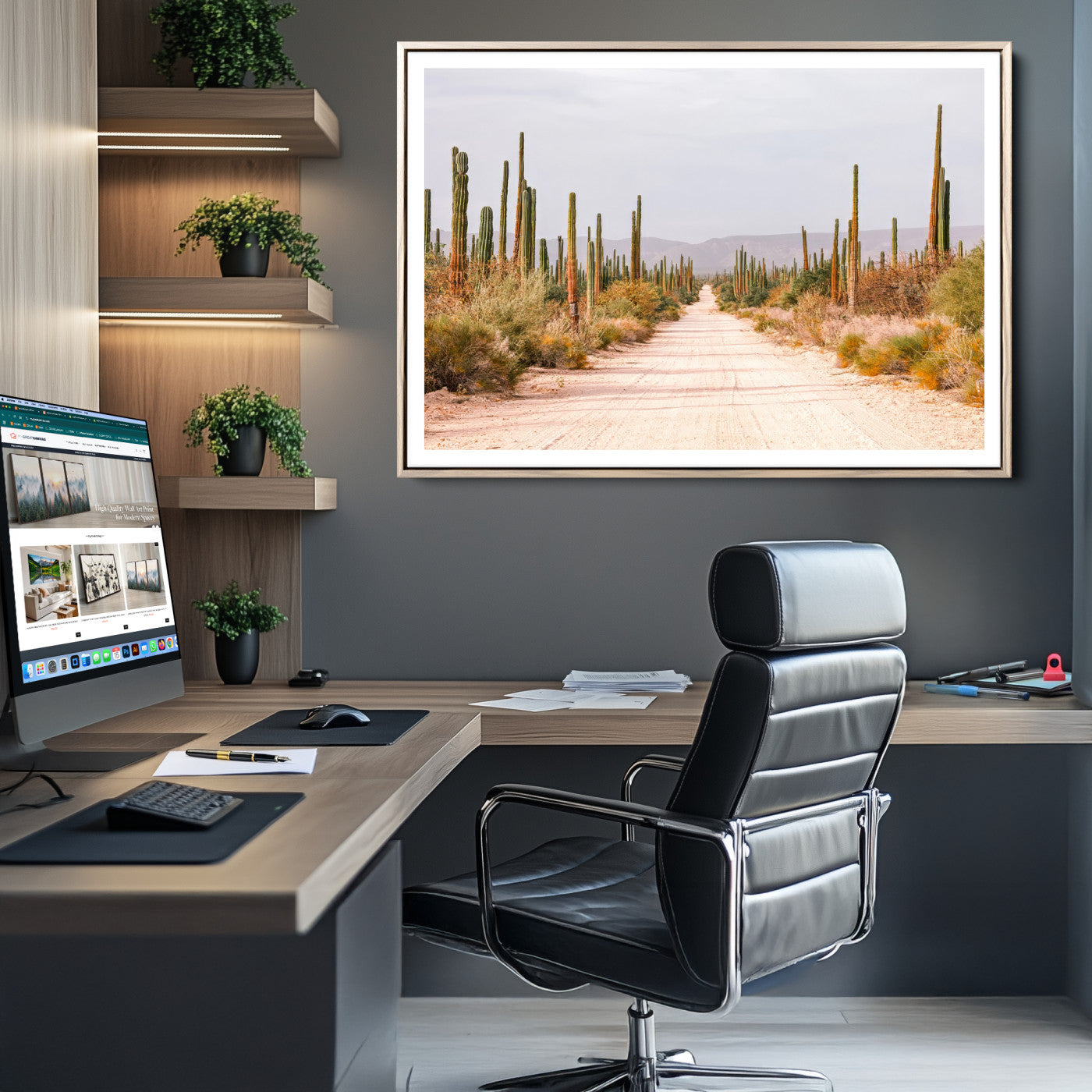30742780-MGC-FP-36x24_Natural-Desert Cactus Lined Road Canvas Print, Southwestern Landscape Print, Framed Bohemian Western Aesthetic Art Print, Large Desert