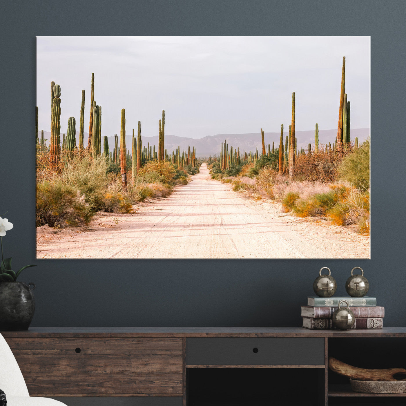 Desert Cactus Lined Road Canvas Print, Southwestern Landscape Print, Framed Bohemian Western Aesthetic Art Print, Large Desert