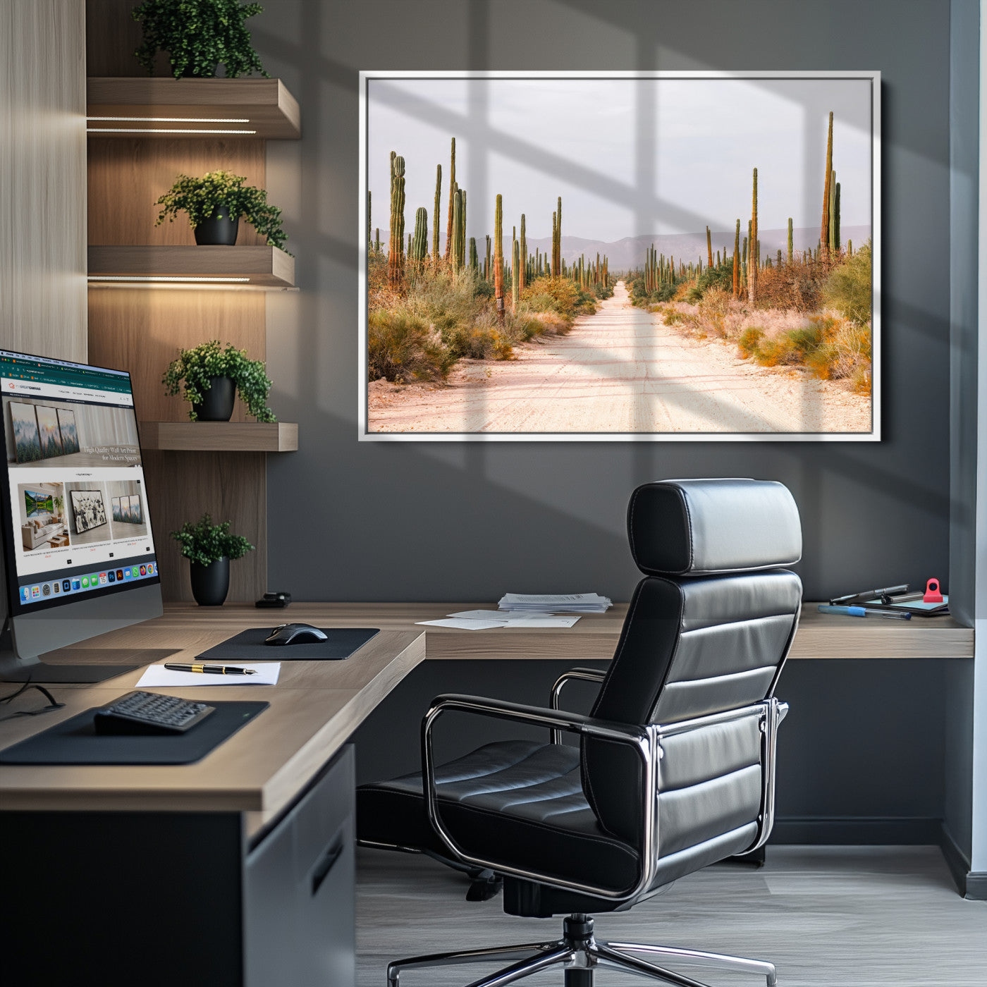 Desert Cactus Lined Road Canvas Print, Southwestern Landscape Print, Framed Bohemian Western Aesthetic Art Print, Large Desert