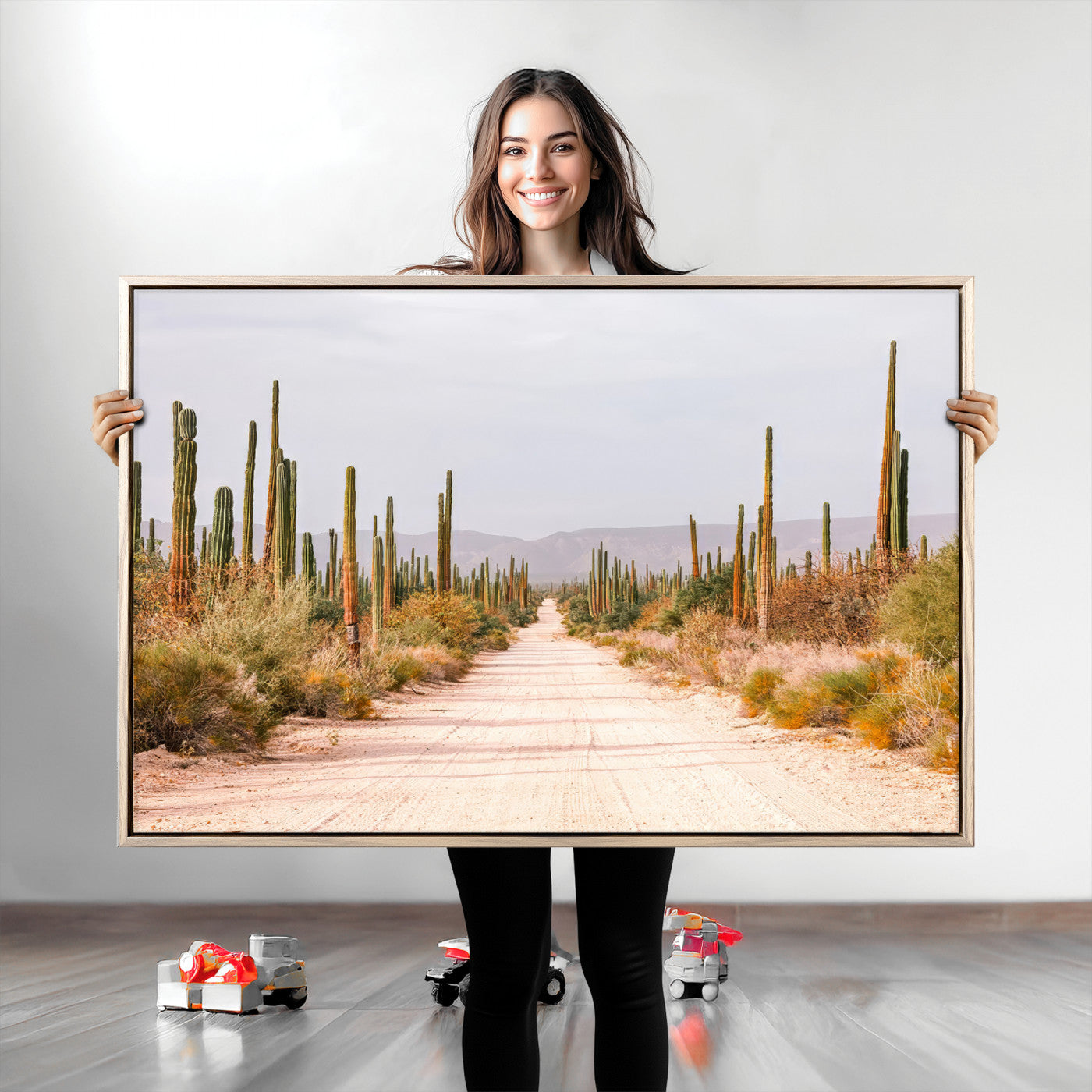 Desert Cactus Lined Road Canvas Print, Southwestern Landscape Print, Framed Bohemian Western Aesthetic Art Print, Large Desert